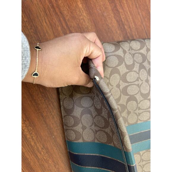 Y2K Coach Signature Monogram Stripes Shoulder Bag Tote Khaki Blue Leather Trim - Picture 8 of 13